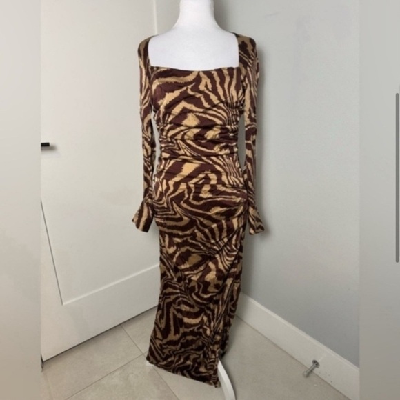 Ganni Ruche Silk Zebra Print Long Sleeve Dress/Size 4 - Picture 4 of 10